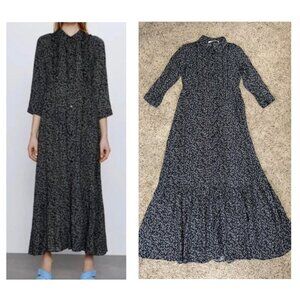 ZARA Ditsy Floral Black Full Button Maxi Tiered Dress Prairie Cottagecore SMALL
